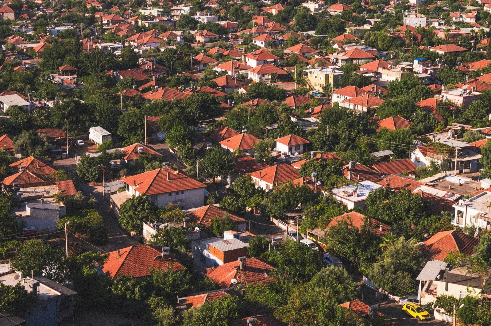 Neighbourhood of private houses with red roofs seen from above