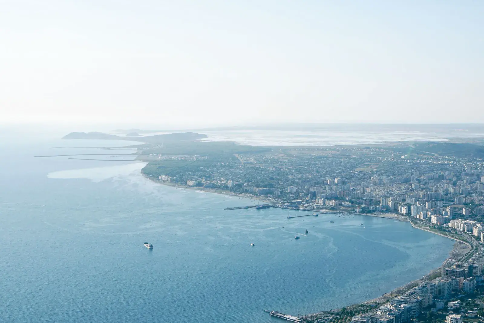 The Bay of Vlorë and the city's coastline seen from above