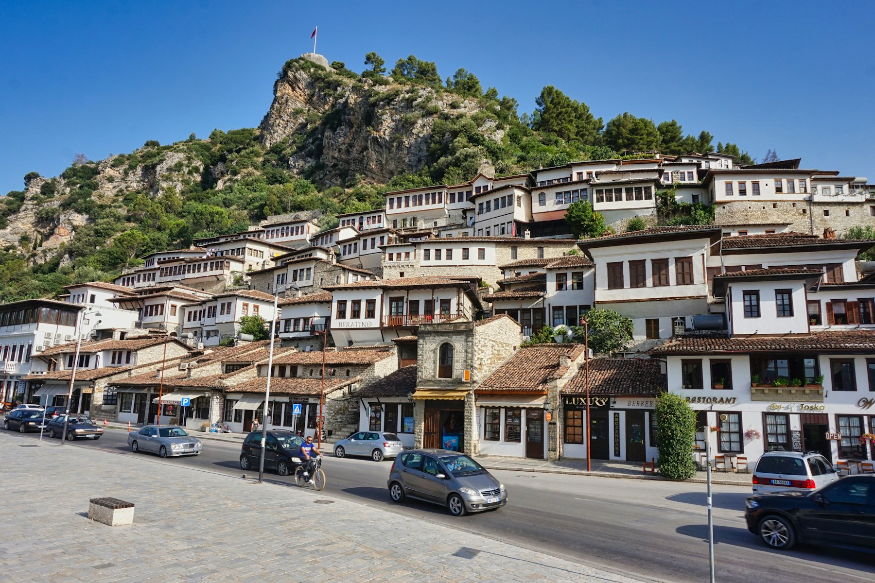 A city with a mountain in the background