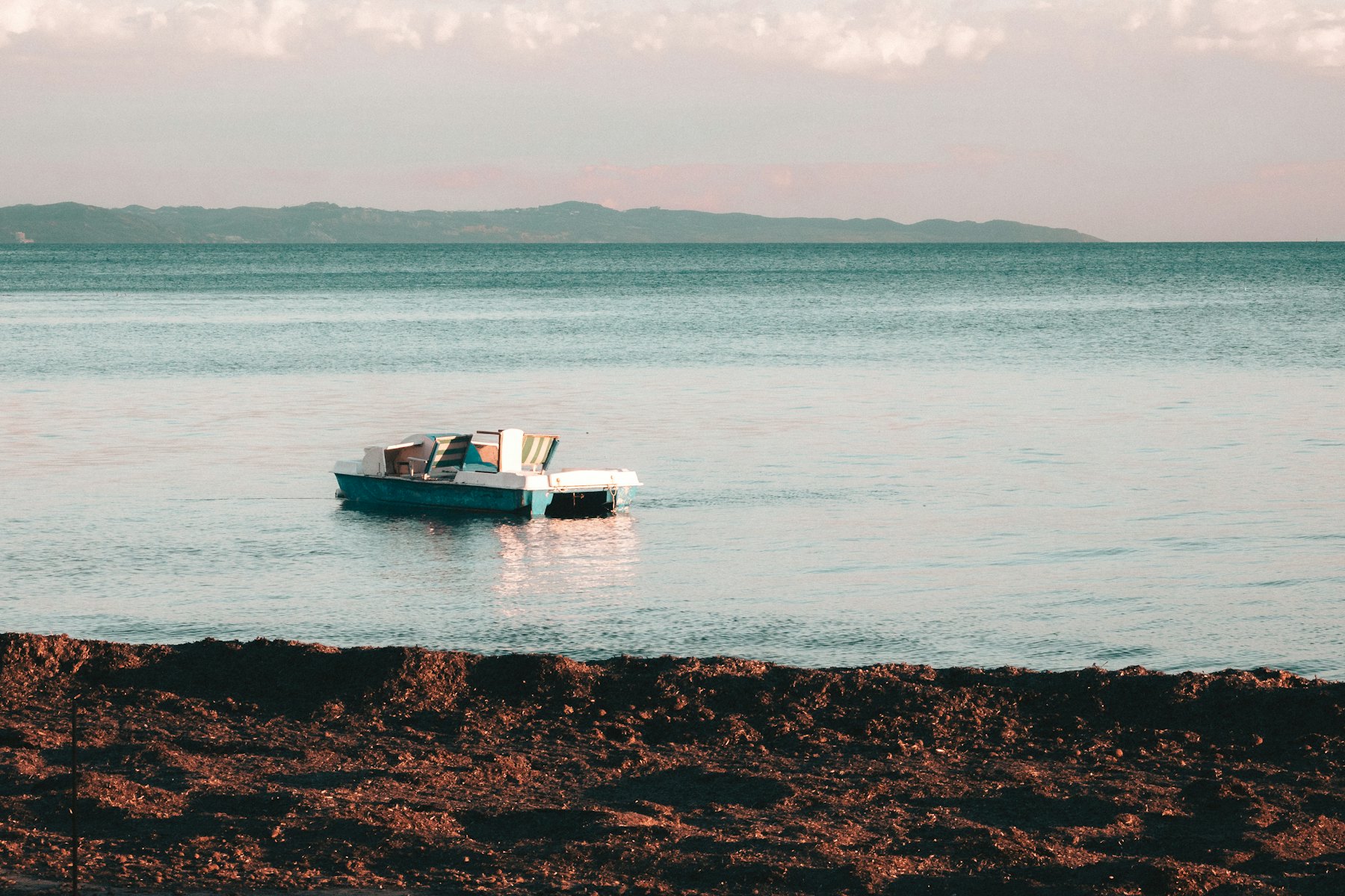 A pedal boat floats on tranquil water with a beach