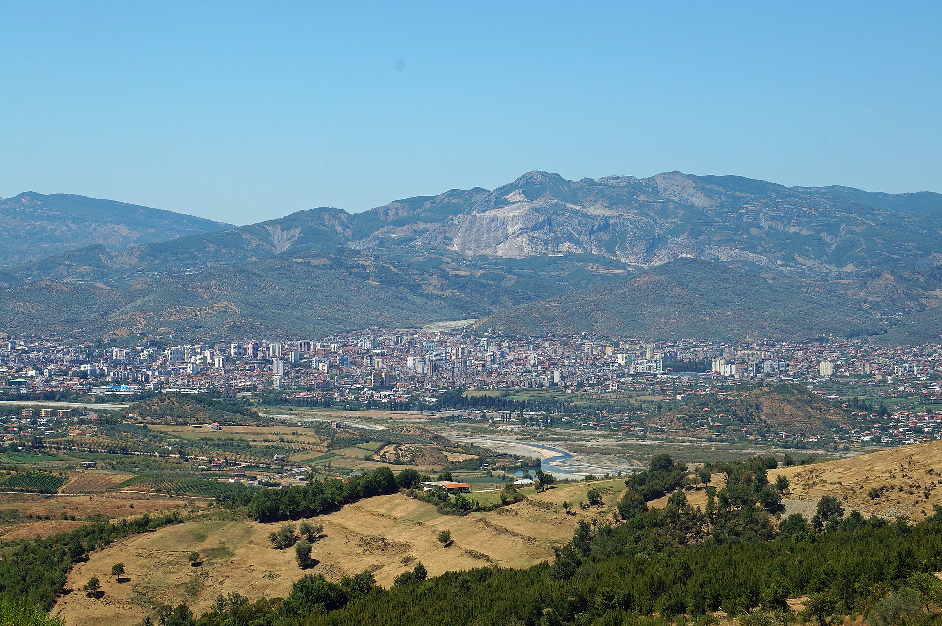 The city of Elbasan in Central Albania seen from the mountains in the South at Shelcan